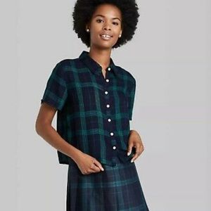 Wild Fable Short Sleeve Woven Button-Down Shirt, Navy Plaid, Size Small